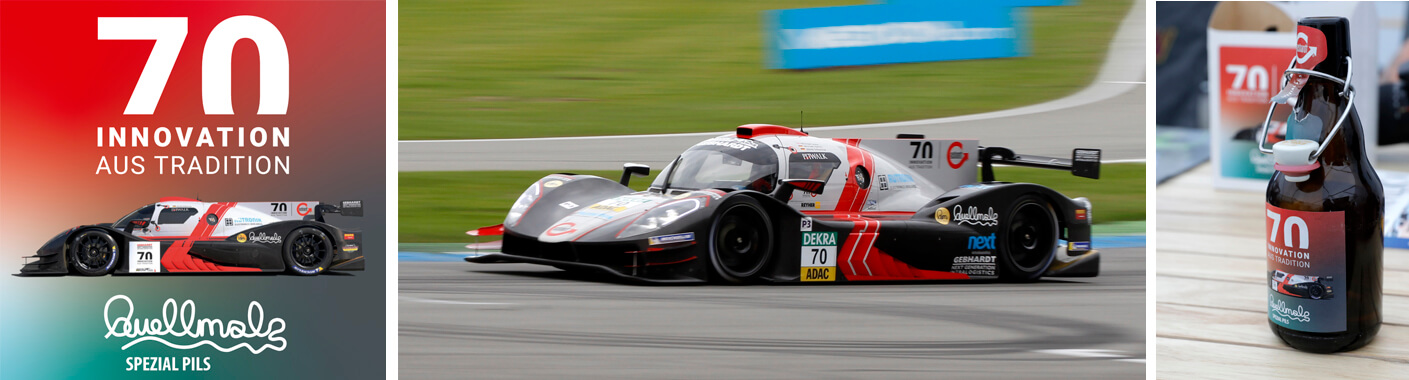 BIer-Etikett, der LMP 3 von Gebhardt am Hockenheimring in Aktion und das helle Pils in der Bügelflasche.